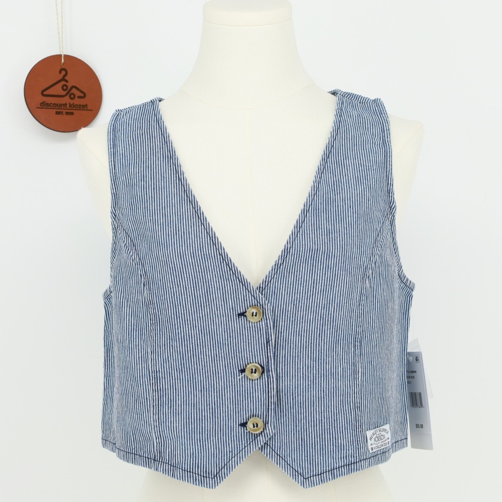 Hurley Supply Womens Hickory Stripe Cropped Vest Blue White Small NWT